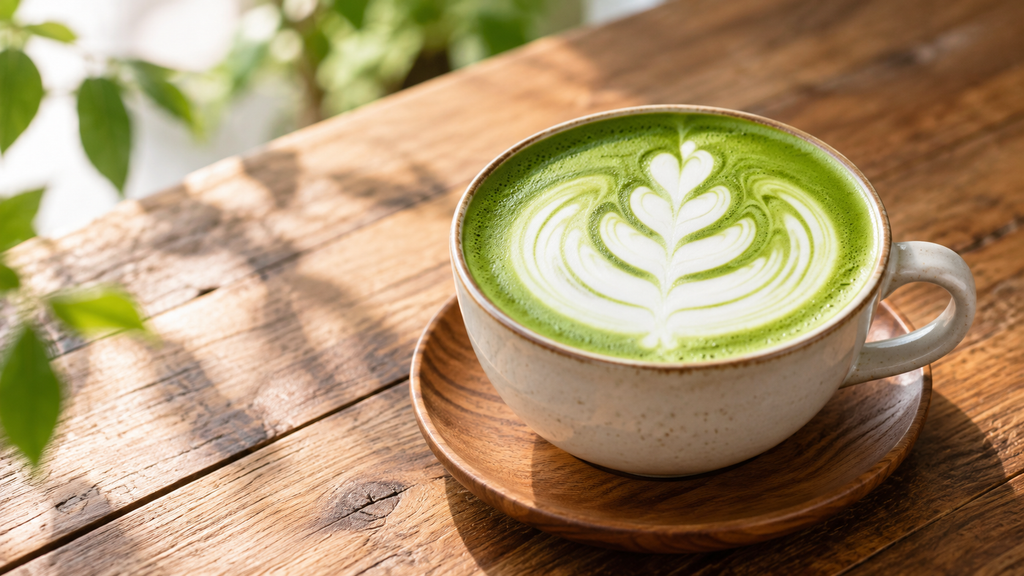 木製テーブルの抹茶ラテアート