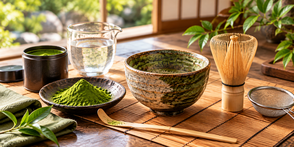 穏やかな抹茶道具の静物風景